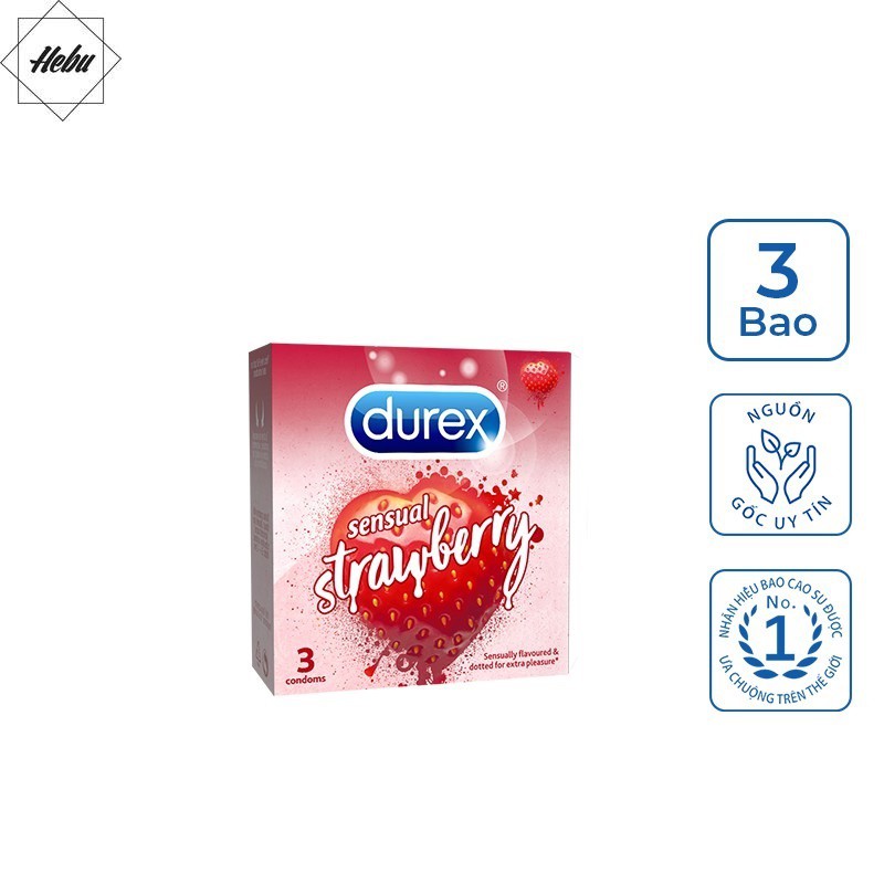 Bao cao su durex sensual strawberry siêu mỏng nhiều gel bôi trơn 1 hộp 3 cái hebuhome