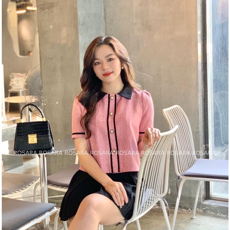 Áo Sơ Mi Hồng Dạ Tweed Dáng Lửng Ngắn Tay Thiết Kế Công Sở Rosara G113