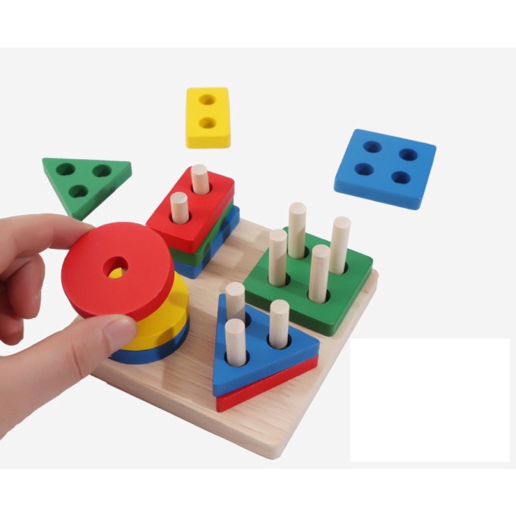Đồ chơi giáo dục bộ thả hình học 4 trụ vuông dọc giúp bé làm quen hình khối và màu sắc - đồ chơi gỗ Bonkids toys