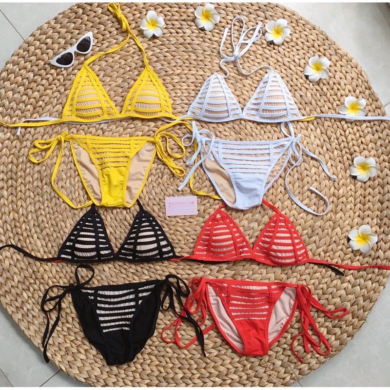 Bikini 2 Mảnh Tam Giác Sọc Ngang Đủ Màu, Đồ Bơi Đi Biển Cột Dây Sexy [Ảnh Chụp Thật] - OS079