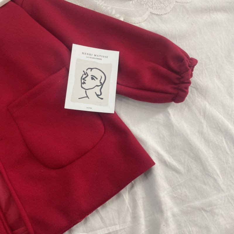 Áo khoác dạ đỏ mũ lông trắng siêu ấm BCi