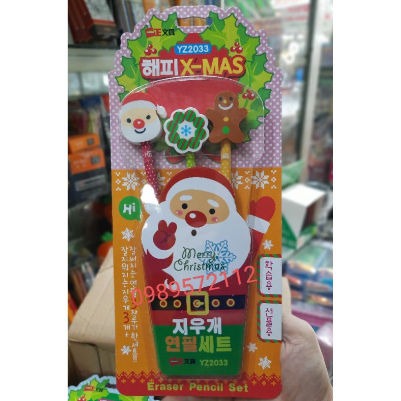 Vỉ 3 cái bút chì noel kèm tẩy-quà tặng cho bé.