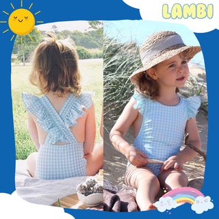 Bikini đồ bơi cho bé gái liền thân họa tiết kẻ tím đáng yêu