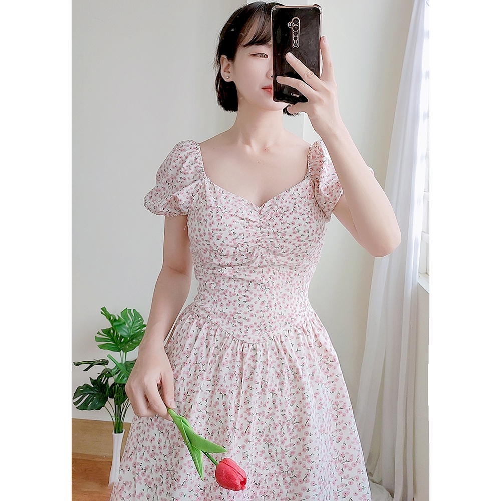 Đầm xoè hoa nhí dễ thương tay phồng hot trend RD009