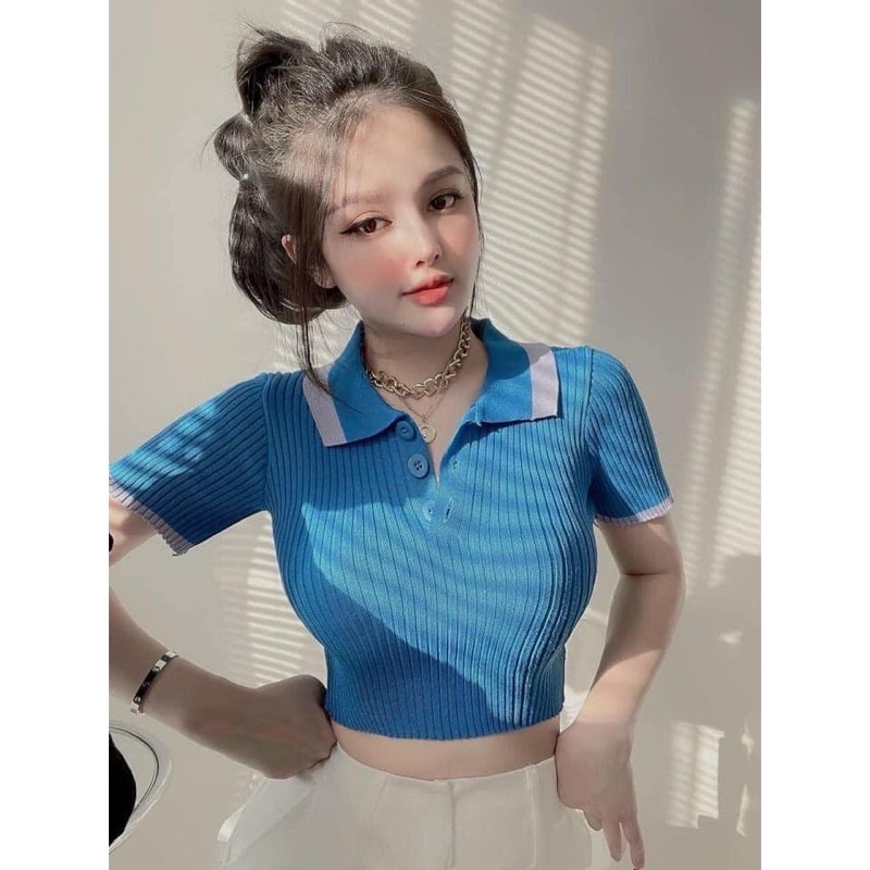 Áo len nữ cộc tay crotop cổ bẻ pha viền hot