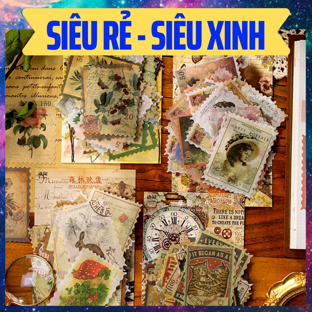 Hộp 60 sticker hình tem phong cách vintage - trang trí sổ tay sổ kế hoạch