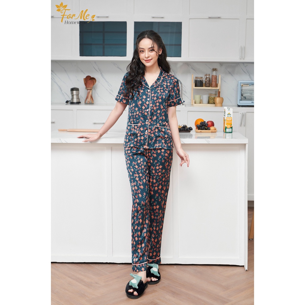 Bộ mặc nhà lụa giấy luxury ngắn tay quần dài họa tiết Ô Vuông 2 Túi 10 , forme pijamas