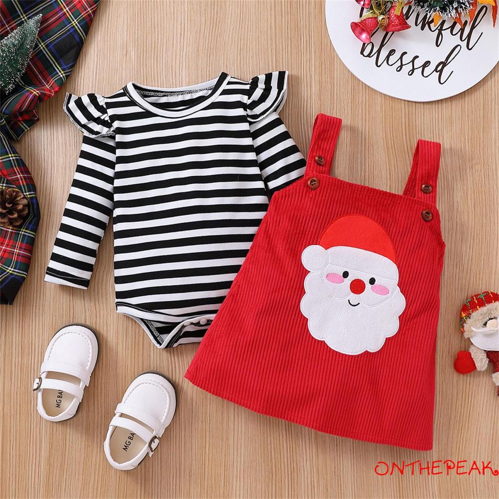Set Đồ 2 Món Gồm Áo Liền Quần Tay Dài Cổ Tròn Kẻ Sọc + Váy Hai Dây In Họa Tiết Ông Già Noel Cho Bé 0-24 Tháng Tuổi