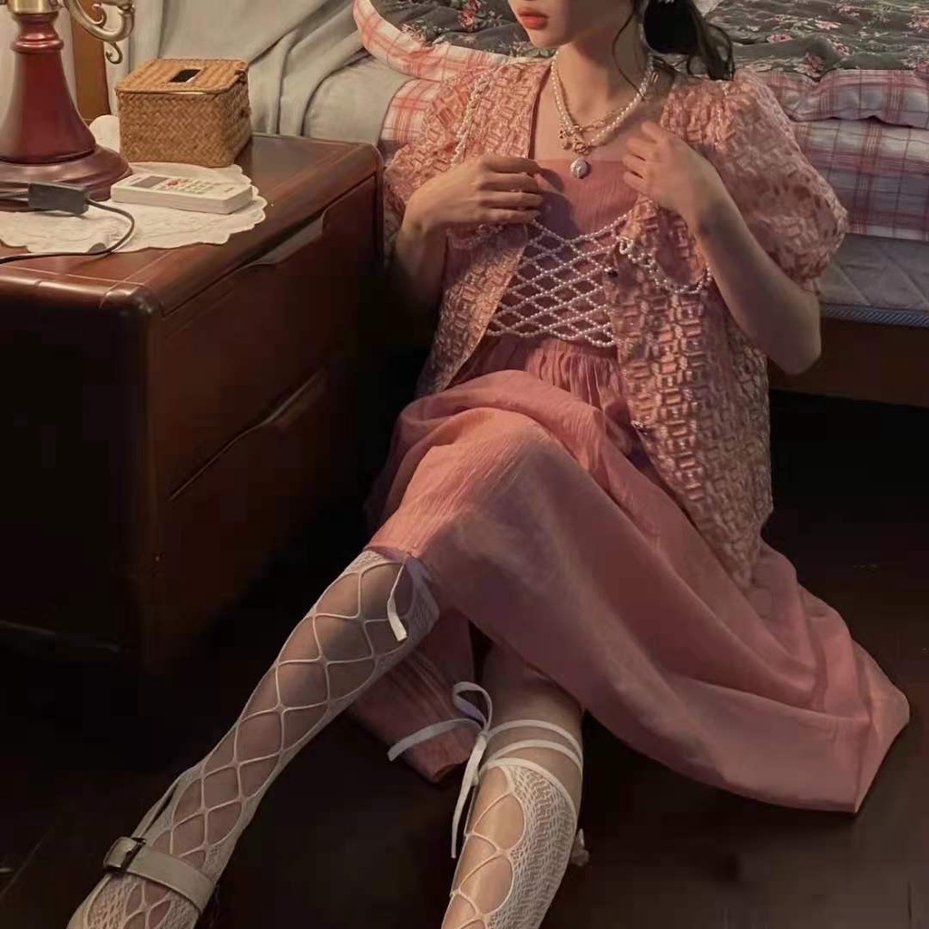 Đôi vớ lưới kiểu dây đeo chéo dáng mỏng xẻ lỗ phong cách lolita dễ thương cho nữ TC07