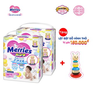 [FREESHIP TOÀN QUỐC]Mua 2 Tã/bỉm quần Merries Đủ Size M58/L44/XL38/XXL26 - Tặng 1 bộ Lật đật gỗ hình thỏ