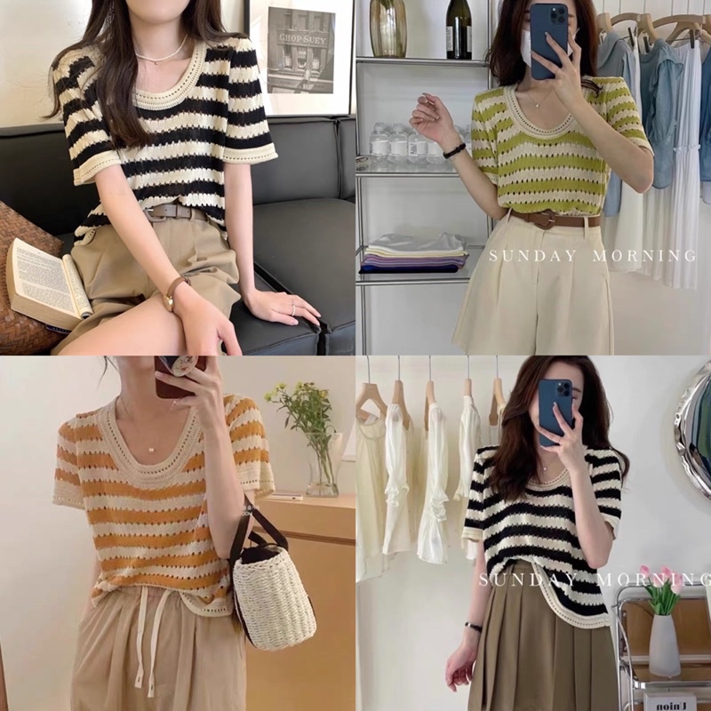 [Hàng loại 1]Áo len kẻ ngang Cầu vồng có tay Hàng Quảng Châu Áo phông chất mongtogi đay dặn basic Hàn Quốc