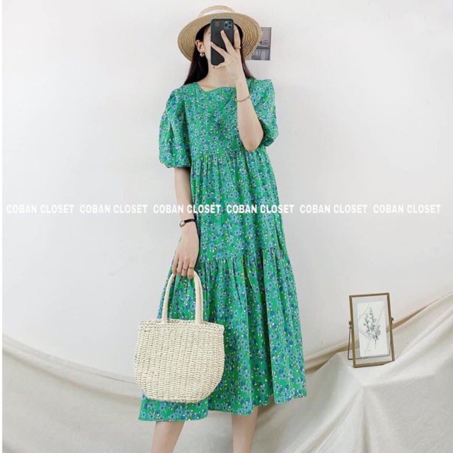 [Siêu Phẩm] Váy Hoa Xanh Babydoll 2 Màu Tay Phồng, Đầm Hoa Dáng Suông Siêu Xinh Có Ảnh Thật Kèm Video