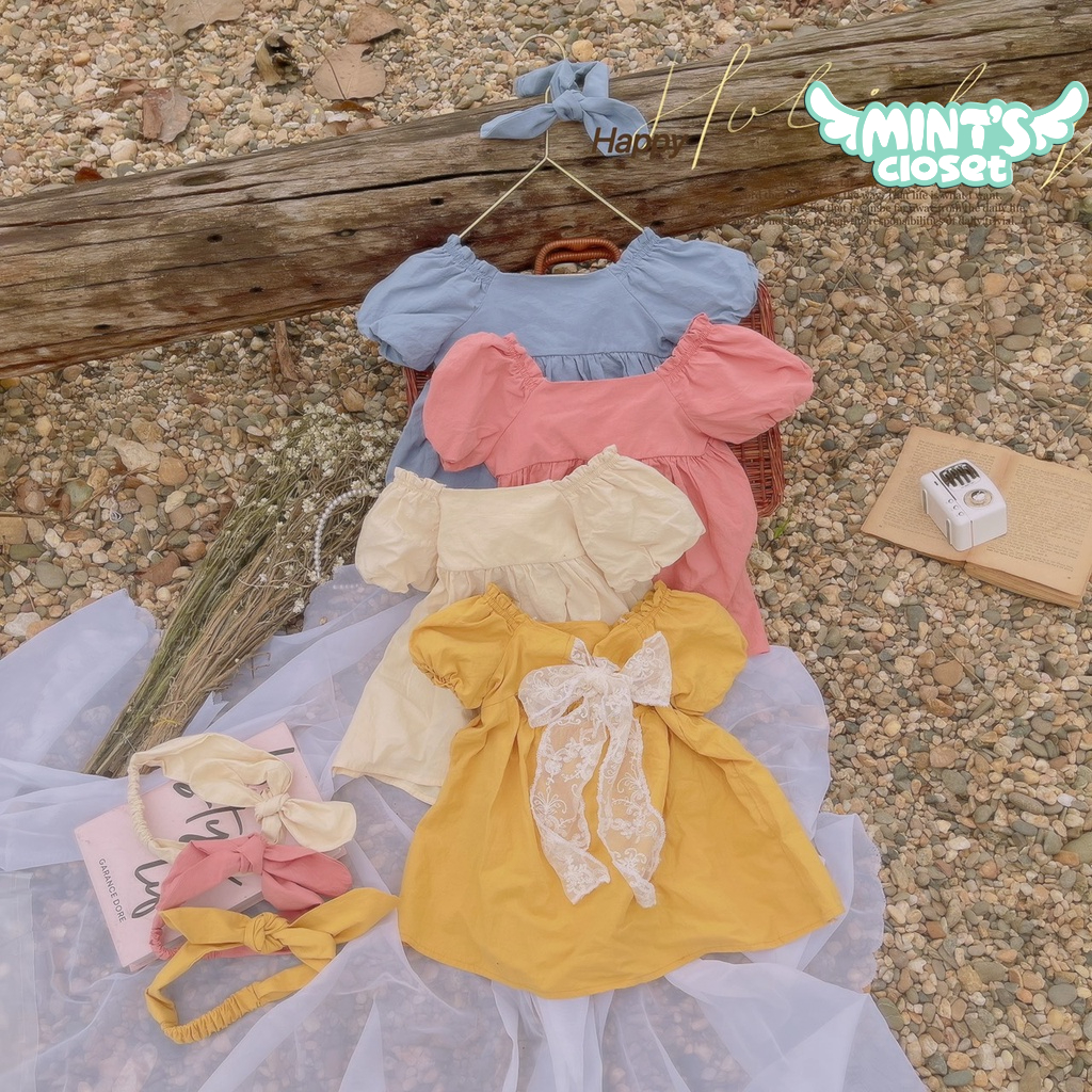 Váy babydoll tay phồng phối nơ lưng kèm băng đô bé gái 1 2 3 4 tuổi MINTSCLOSET Mint's Closet - GS1072