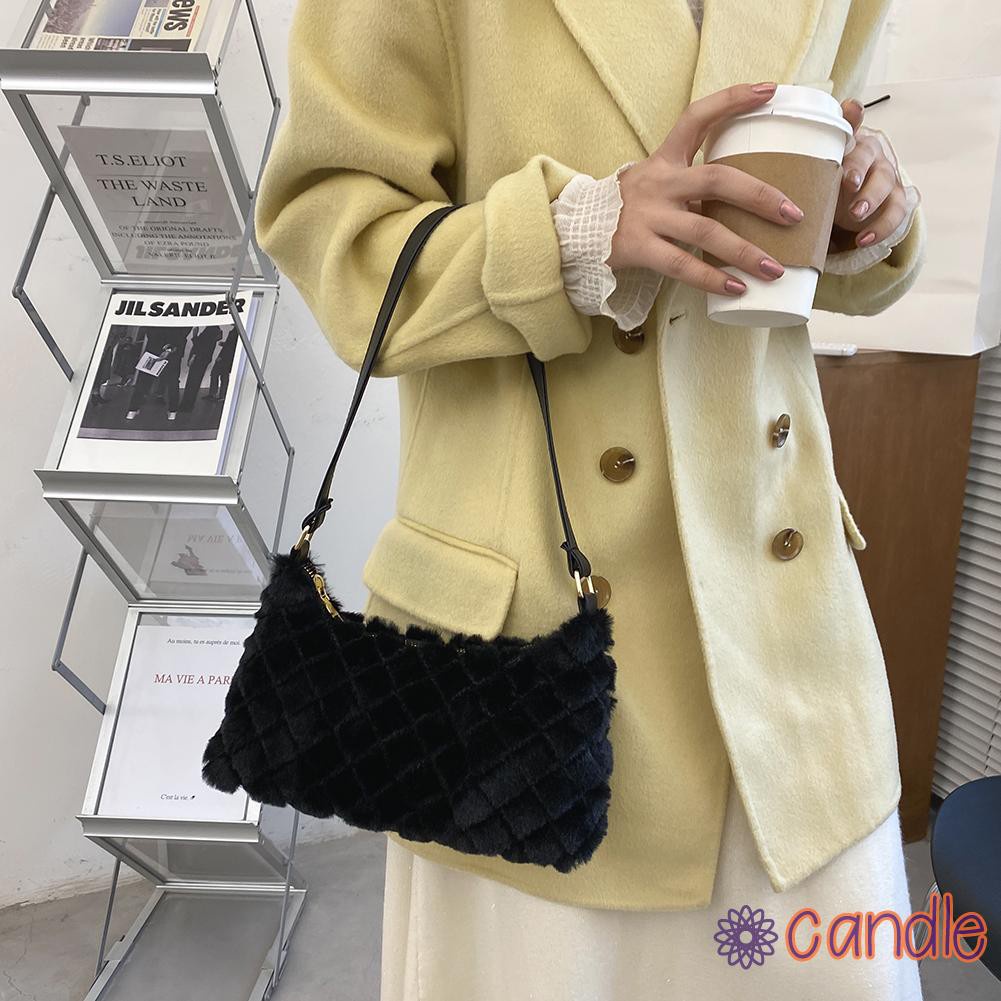 【COD】Casual Lattice Print Underarm Bag Retro Solid Plush Women Shoulder Handbag