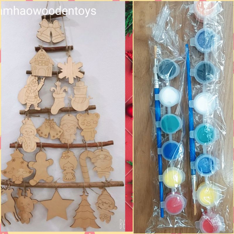Cây thông 🎄noel gỗ tặng kèm sét 20 món trang trí chưa tô, 1 túi 14màu 2cọ