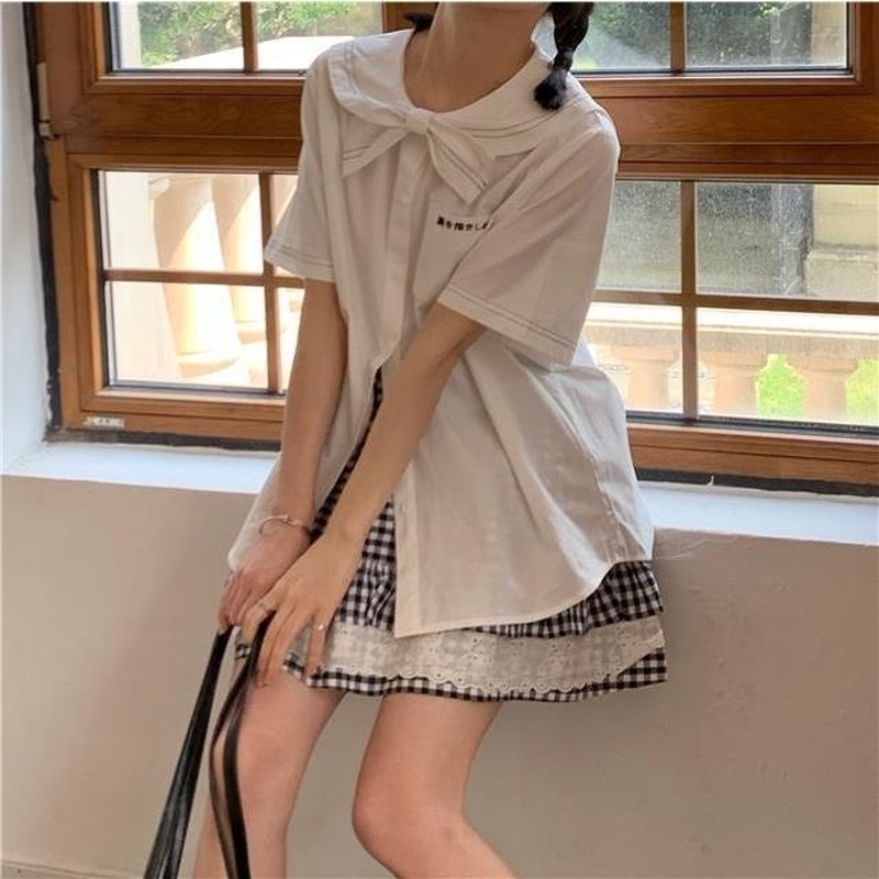 Áo Sơ Mi Trắng Tay Ngắn Cổ Thắt Nơ Dễ Thương Phong Cách Nhật Bản Thời Trang Cho Nữ