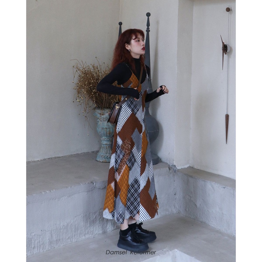 Đầm Hai Dây Cổ Chữ V Họa Tiết Sọc Caro Phong Cách Cổ Điển Thời Trang Cho Nữ