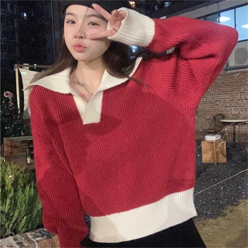 Áo len ZHELIHANGFEI tay dài kiểu dáng rộng màu đỏ theo phong cách đi học dễ phối đồ