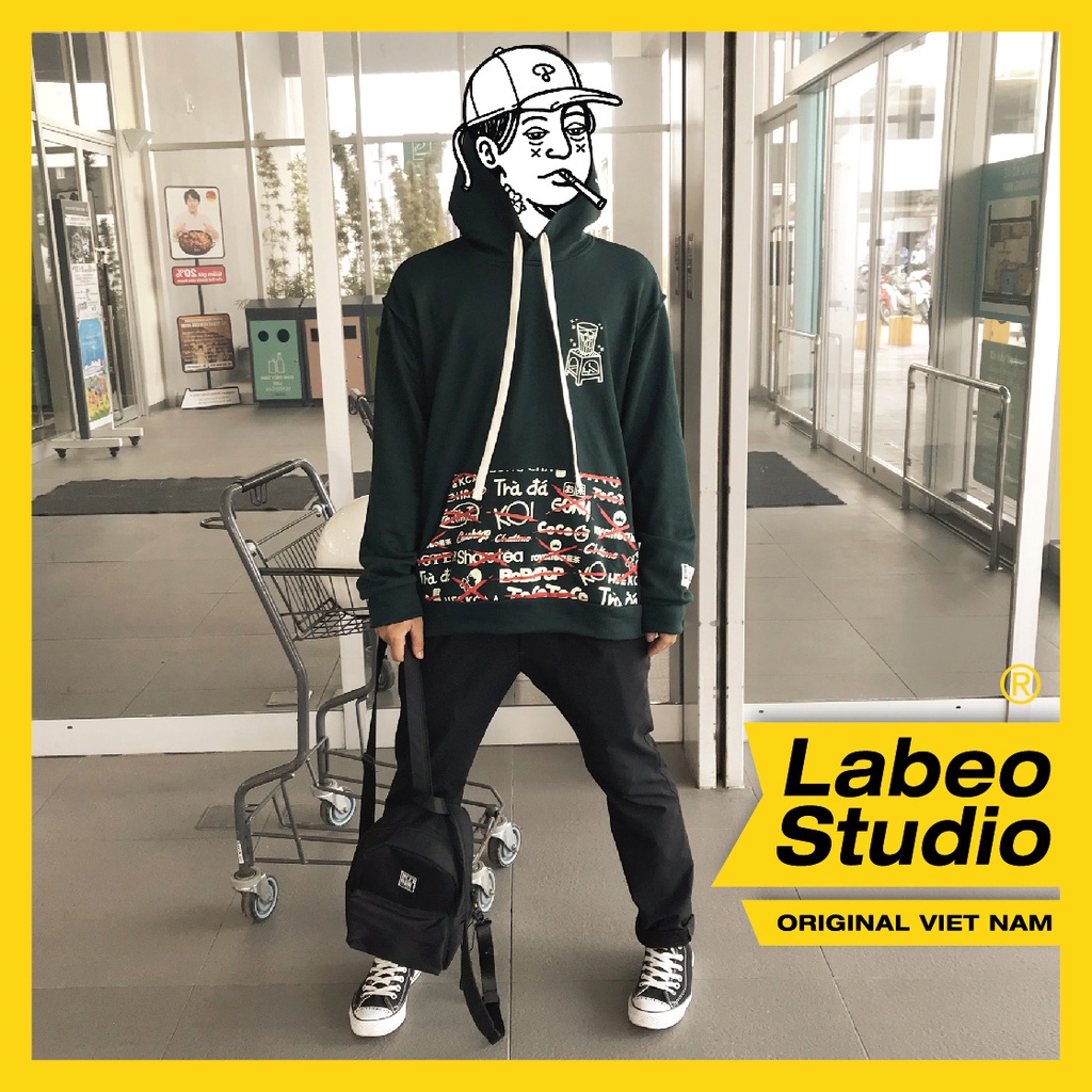 LB42 Áo nỉ hoodie dáng oversize labeo Studio, trà sữa