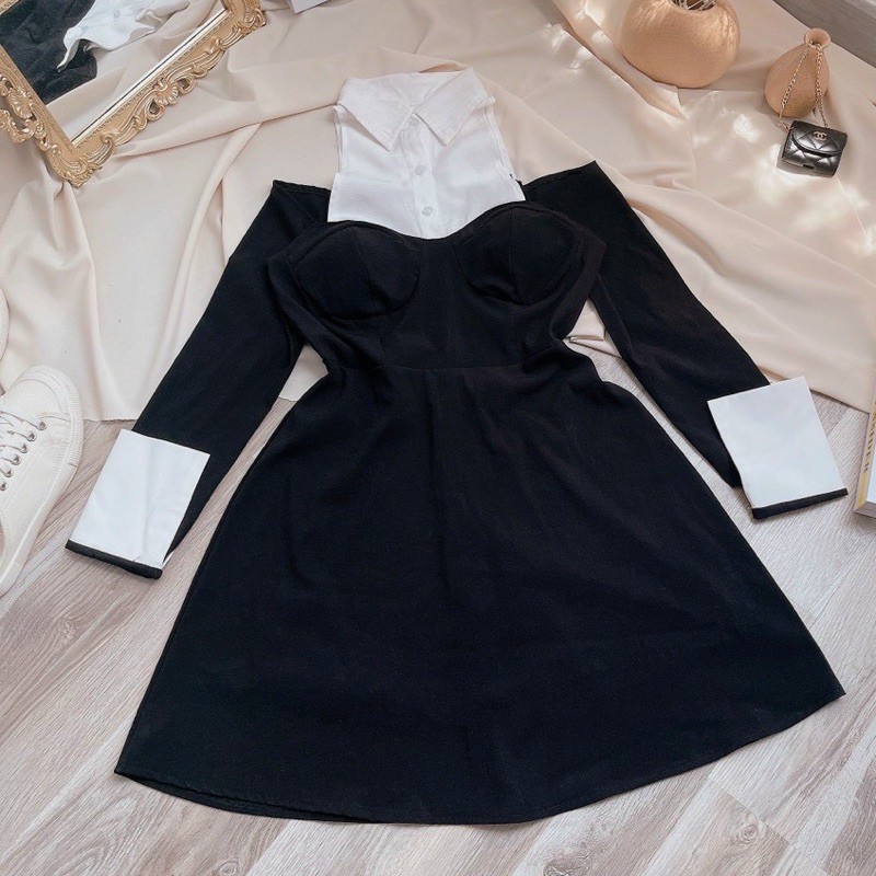 KOVA DRESS - ĐẦM ĐEN CỔ SƠ MI PHỐI TRẮNG KHOÉT VAI | BigBuy360 - bigbuy360.vn