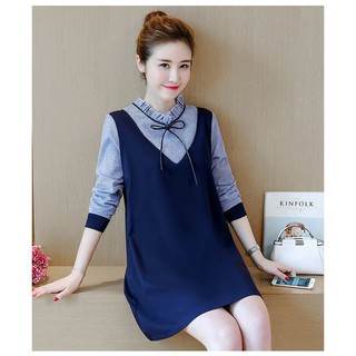 Váy bầu xanh than tau kẻ cổ tàu
