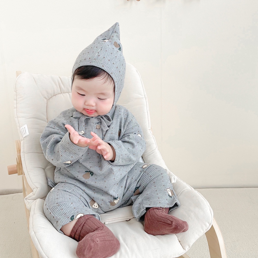 Set 2 Món Áo Liền Quần Tay Dài In Họa Tiết Trái Lê Kèm Nón Cho Bé 0-2 Tuổi
