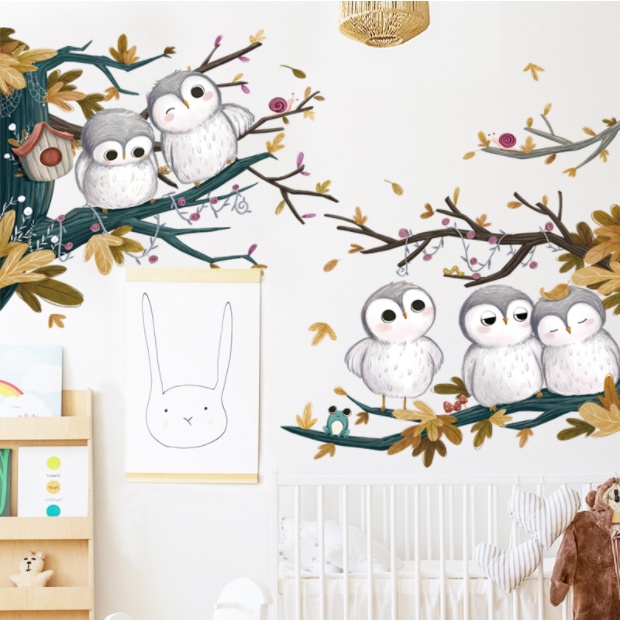 Decal trang trí tường - 5 bạn cú mèo vui vẻ bên nhau