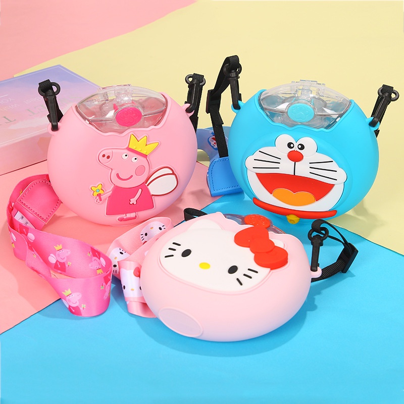 Bình Nước Thể Thao 380ML Hình Bánh Donut Kitty Chống Rò Rỉ Có Ống Hút Và Dây Đeo Vai