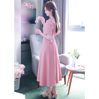Đầm hồng nút trước form dài v2