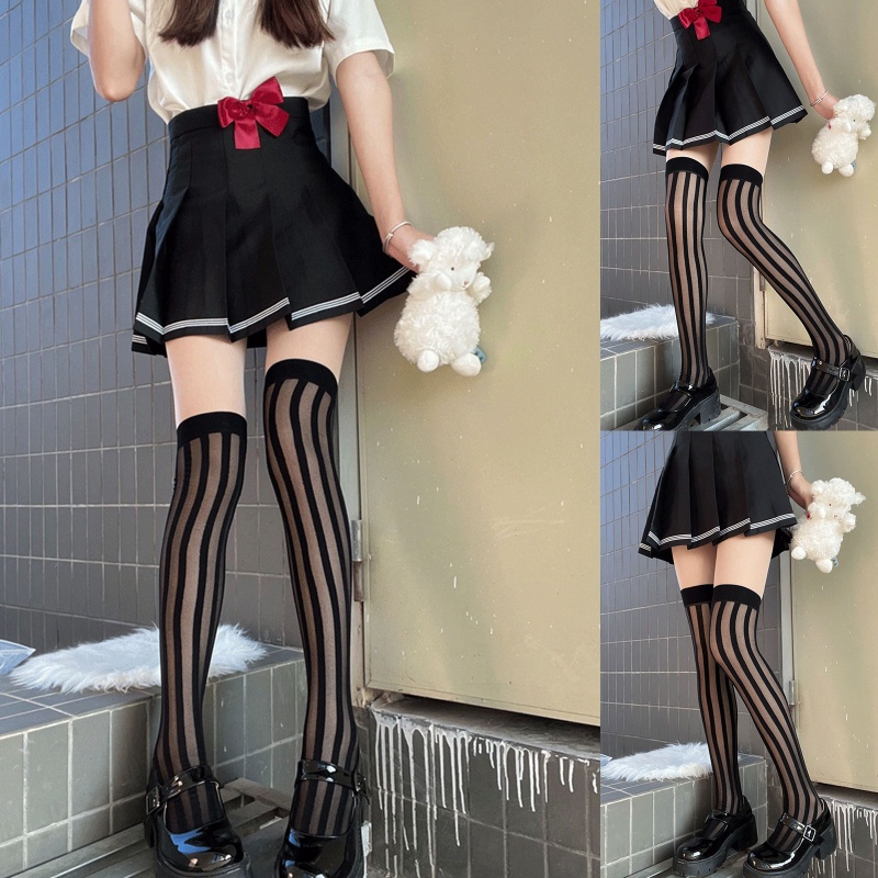 XIXI Tất Lụa Dài Qua Gối Kẻ Sọc Dọc Màu Đen Thời Trang