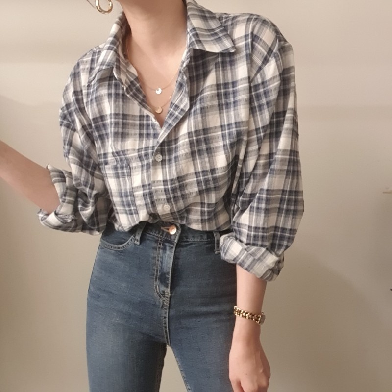 Áo sơ mi tay dài họa tiết sọc caro phong cách retro Hàn Quốc cao cấp