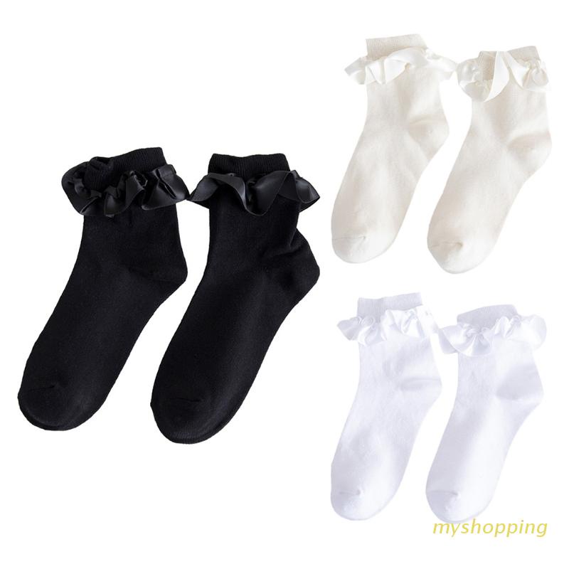 Vớ Cotton Cổ Cao Đến Mắt Cá Chân Phối Bèo Dễ Thương Phong Cách Harajuku Cho Nữ