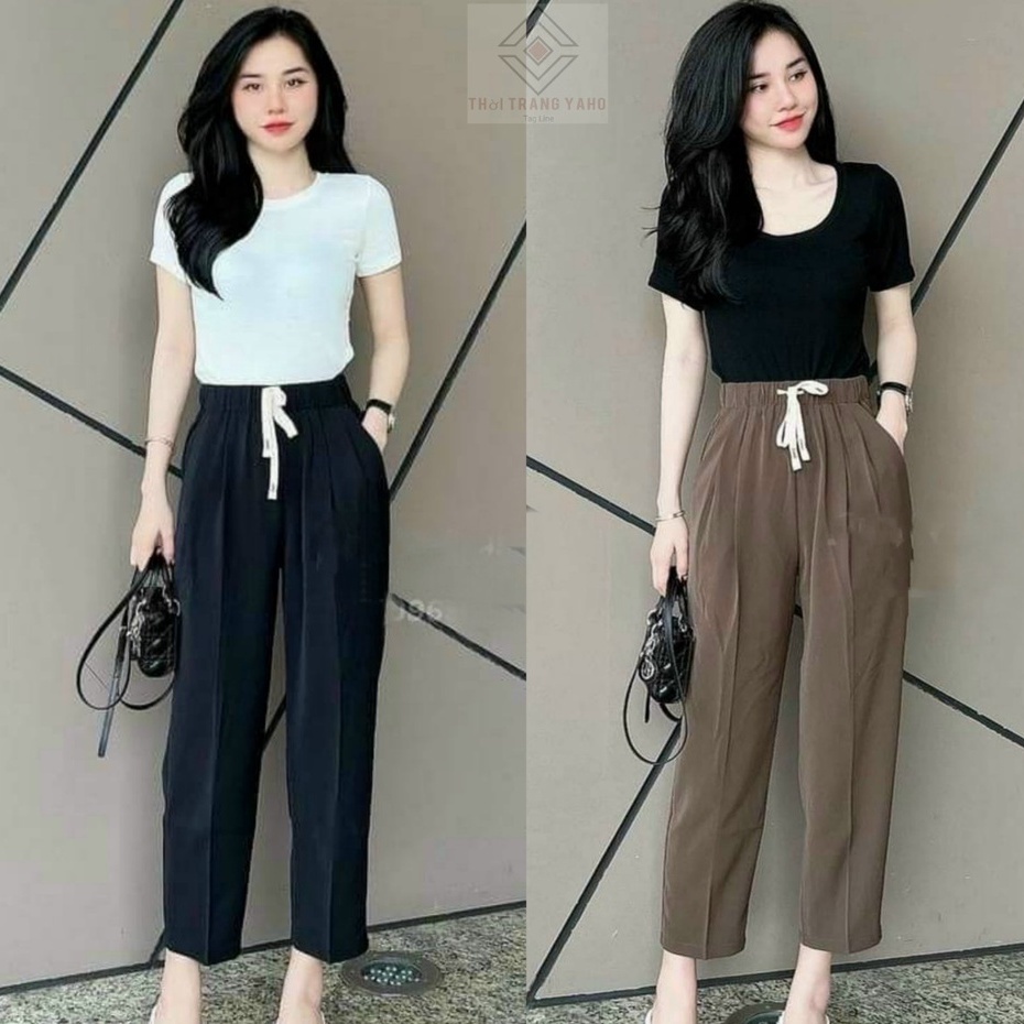 Quần baggy nữ cạp thun chun dây rút lưng cao dáng dài chất vải Ruby mẫu mới