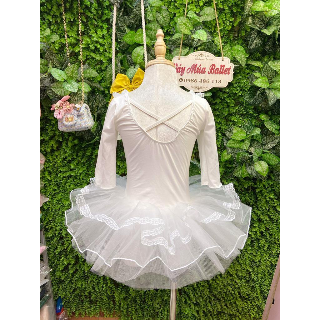 Váy múa ren cổ tay lỡ màu trắng hồng