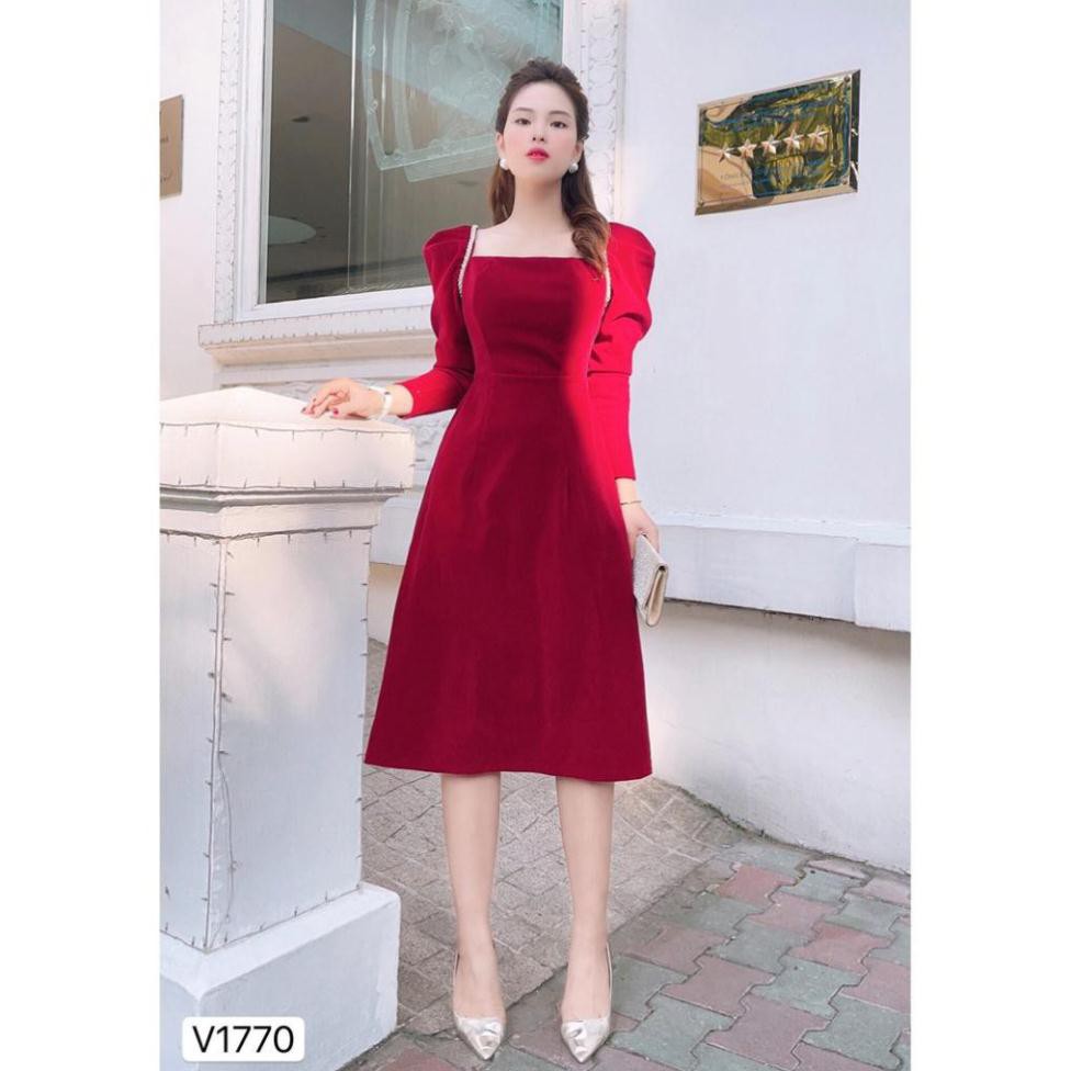 Váy nhung đỏ viền ngọc V1770 - - Đẹp Shop DVC - Kèm ảnh thật trải sàn do shop tự chụp