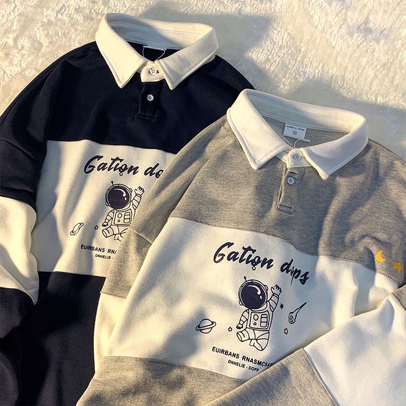 Áo thun cổ polo tay dài dáng rộng in chữ và hình thời trang mùa thu cho nữ