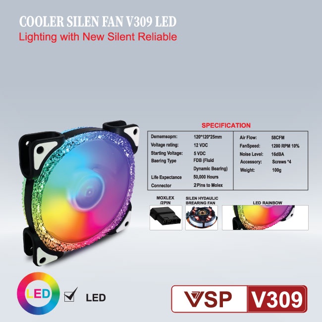 Fan Case 12cm VSP V309 LED RGB tự đổi màu (không đồng bộ Hub) - Chính hãng VSP