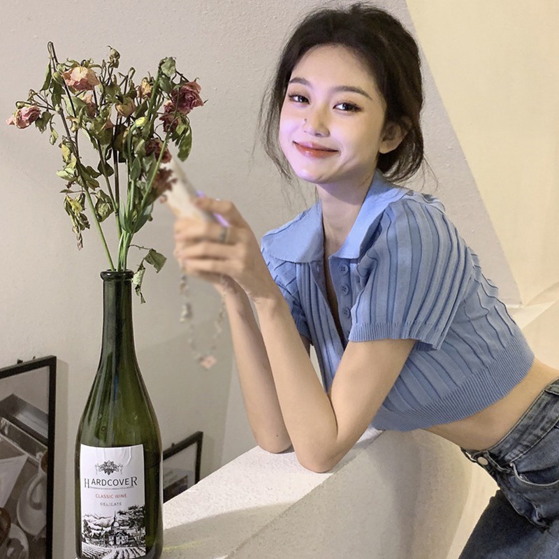 Áo Croptop Dệt Kim Tay Ngắn Màu Sắc Đơn Giản Phong Cách Hàn Quốc Cho Nữ