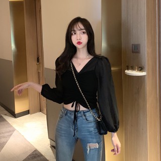 Áo thun cổ chữ V xếp ly dài tay voan đầu thu 2019 mới