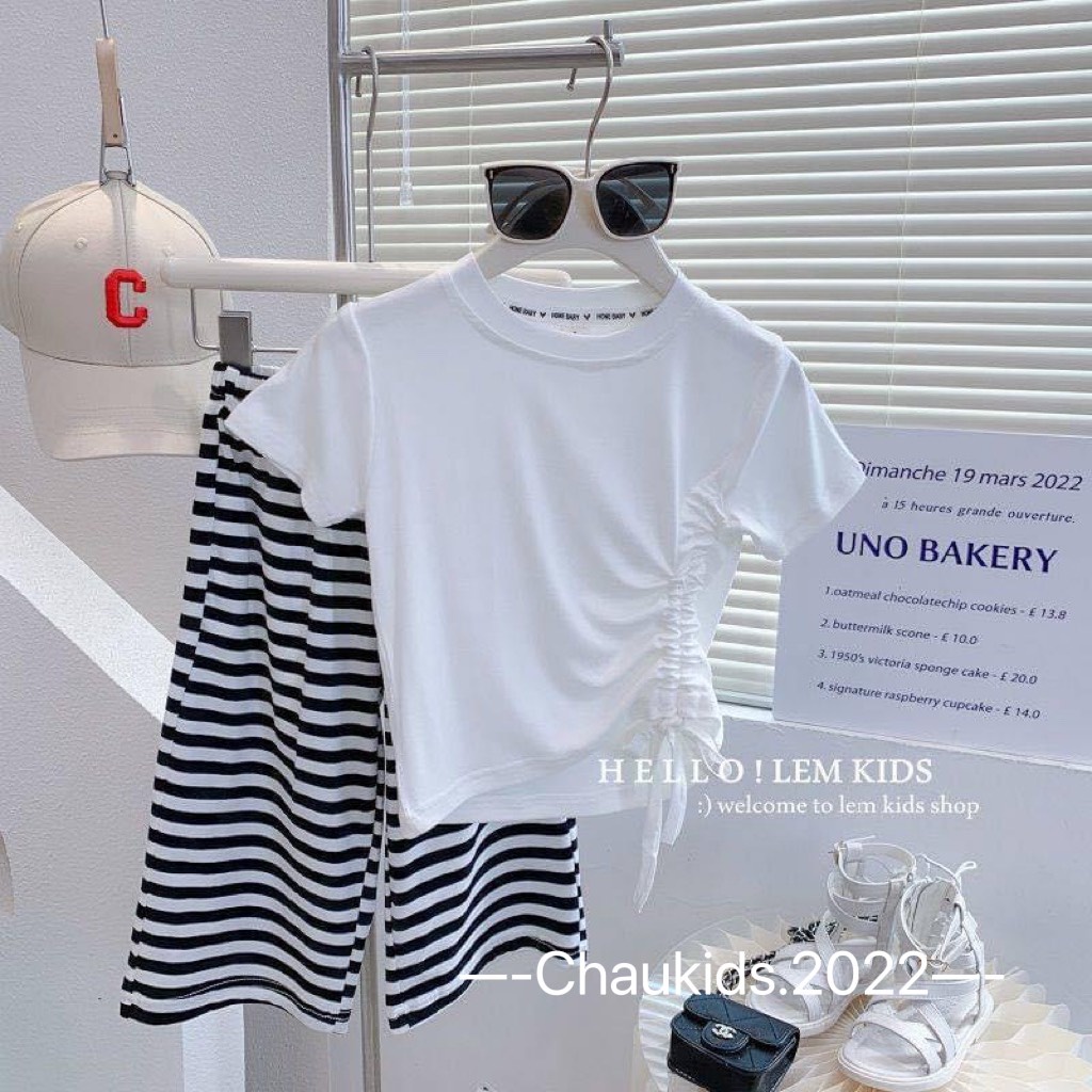[SALE] Set Bộ Bé Gái Áo Croptop Rút Dây Quần Kẻ Ống Loe Hot Trend, Đồ Bộ Cho Bé Mặc Đi Chơi CK43