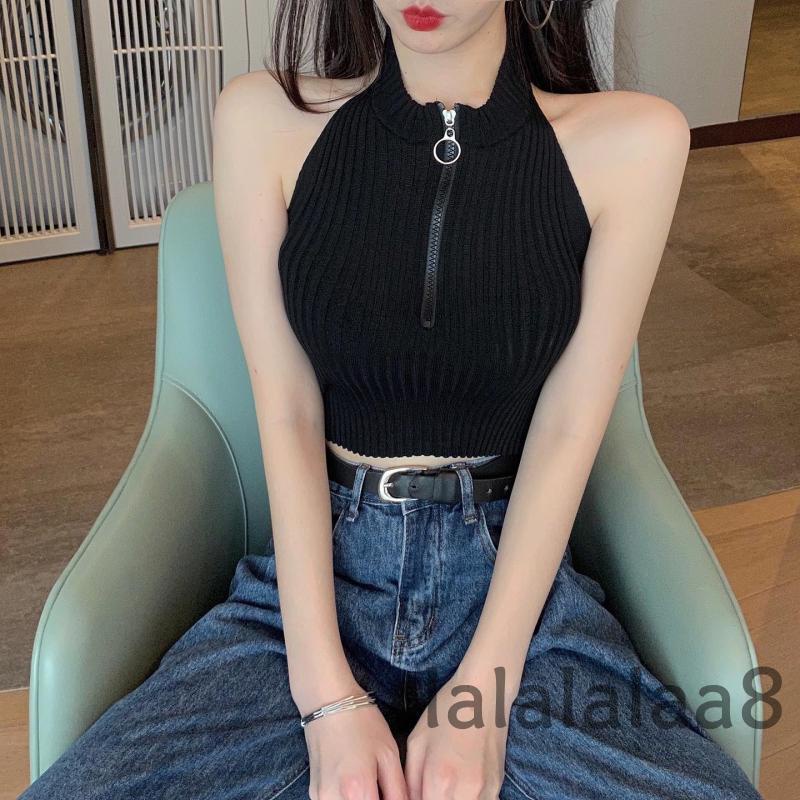 Áo Crop Top Hai Dây Dệt Kim Ôm Dáng Màu Trơn Có Khóa Kéo Nửa Thân LAA8 Cho Nữ