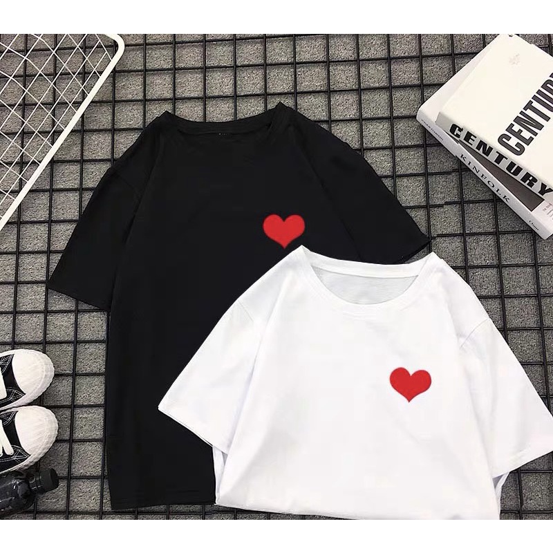 áo thun nam nữ tay lỡ in hình tim đỏ trắng đen