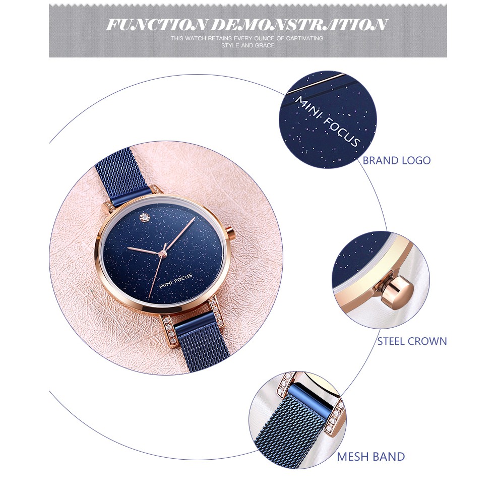 Đồng hồ nữ Mini Focus dây thép lưới đính đá mặt ánh sao MF160 | BigBuy360 - bigbuy360.vn