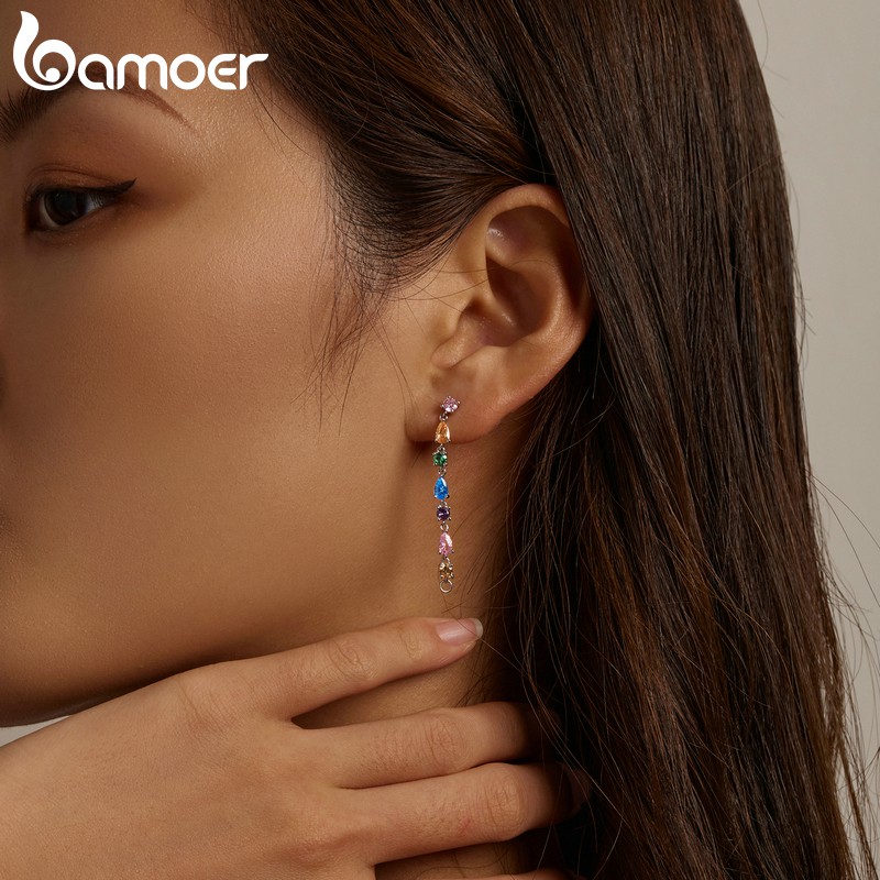 Đôi bông tai Bamoer Bse558 bằng bạc 925 đính hạt đá Zirconium dây dài thời trang dành cho nữ