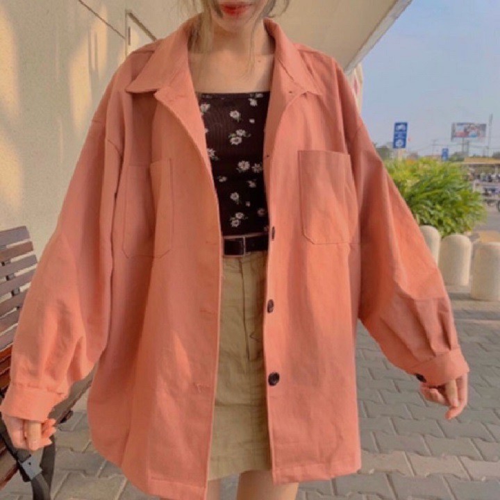 Áo khoác Sơ Mi Kaki Trơn Phối Túi Hàn Quốc Form Rộng Unisex Nam Nữ Ulzzang | BigBuy360 - bigbuy360.vn