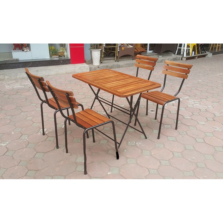 Bàn gỗ cafe chân sắt xếp cao 73cm