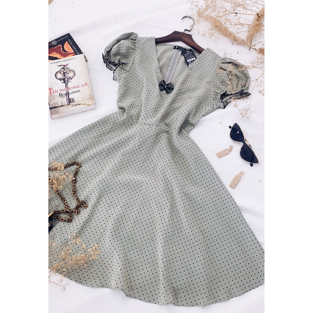 Đầm nữ tay bồng dáng xòe tiểu thư đính nơ, thiết kế cao cấp Tkfashion DK614