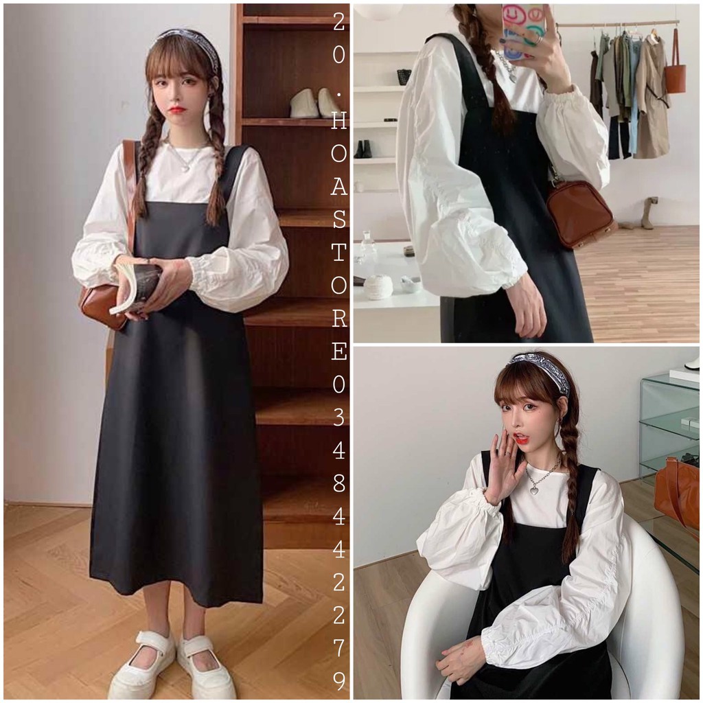 SET YẾM MIDI SƠ MI TRẮNG NHÚN TAY BỒNG Mix YẾM HÀN QUỐC Hot Màu Đen - Set Độc Lạ