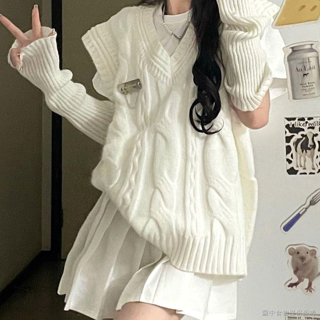 [Xiaohongshu Phong Cách Ba Mảnh / Một Mảnh Áo Len Không Tay Cổ Chữ V Màu Trắng Ngọt Ngào Phong Cách Preppy Aut