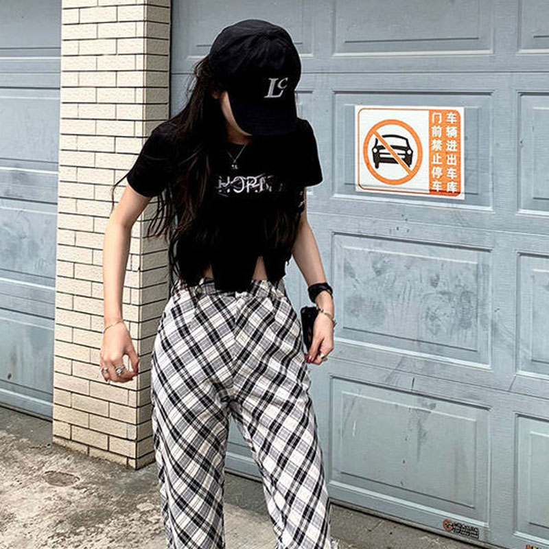 Plaid Split Flared Pants Women'S Summer 2021 New Korean Version Of Loose Casual All-Match Straight Wide Leg Trousers High Waist